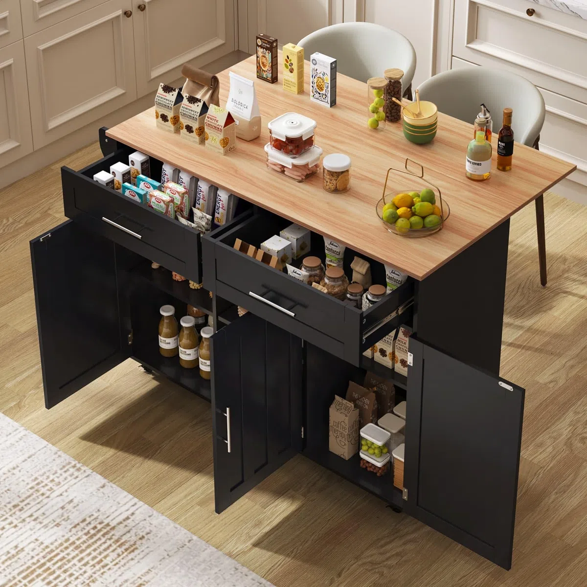 PUGSDRLY Desserte de Cuisine à roulettes,Buffet Meuble,îlot de Cuisine avec Plateau de Table Pliable,2 Tiroirs et 3 Portes,Roulette ou Pieds en Bois Massif (Noir-C)
