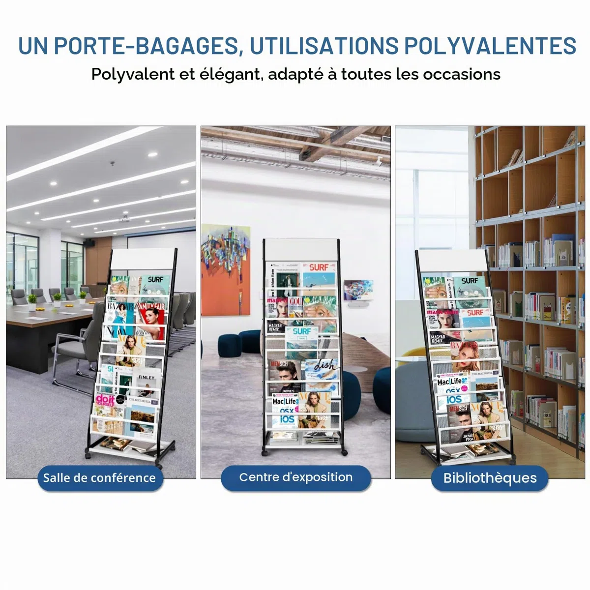SUNDOY porte revues sur roulettes – revues sur pied et porte-catalogue – roulettes pour bureau, foires et maison (5 couches, 47,5 cm de large)