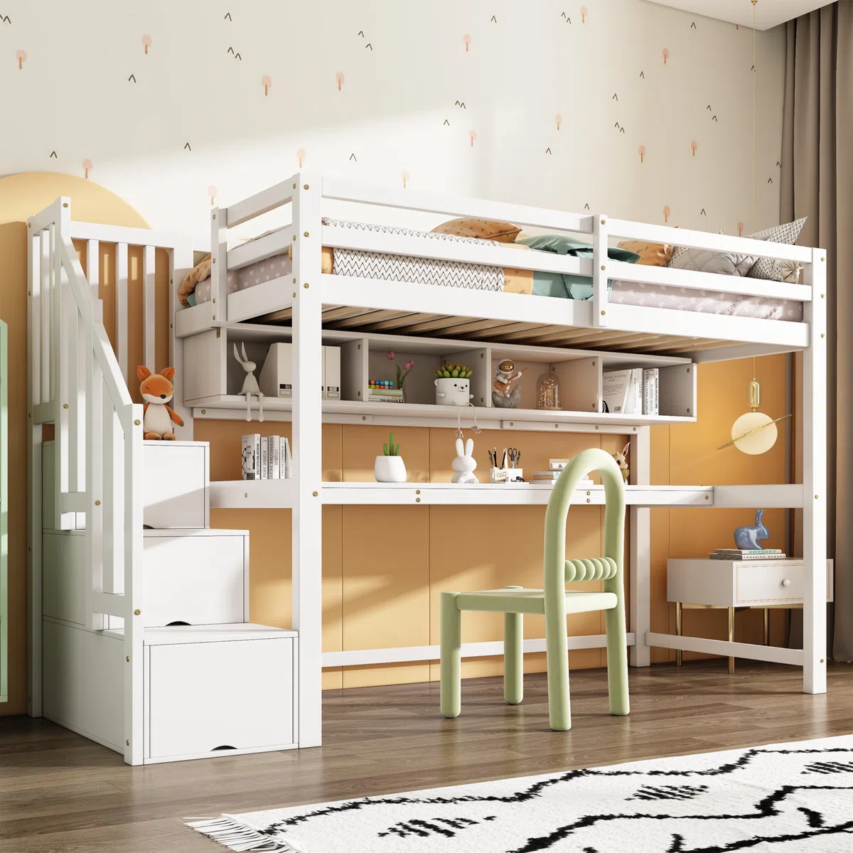 Sapgaks Lit superposé Enfant 90 x 200 avec Bureau et étagères,lit cabane Enfants 90 x 200,lit Mezzanine 1 Places avec Barriere,avec escalier de Rangement,Blanc