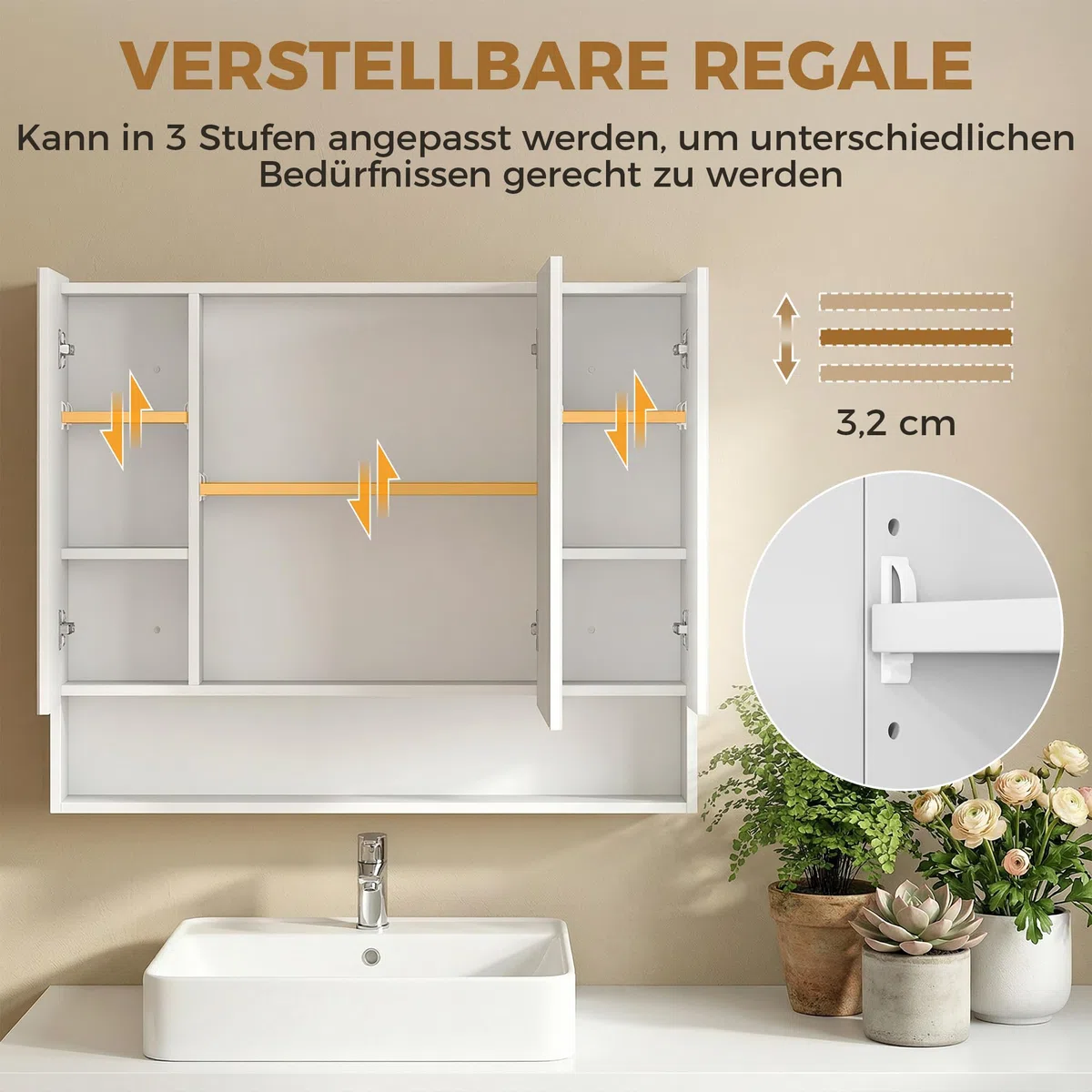 kleankin Armoire Murale Salle de Bain avec Miroir, 90 x 15 x 75 cm, Meuble Salle de Bain, Armoire de Toilette avec 3 Portes Miroir, Compartiment Ouvert et étagères réglables, Blanc