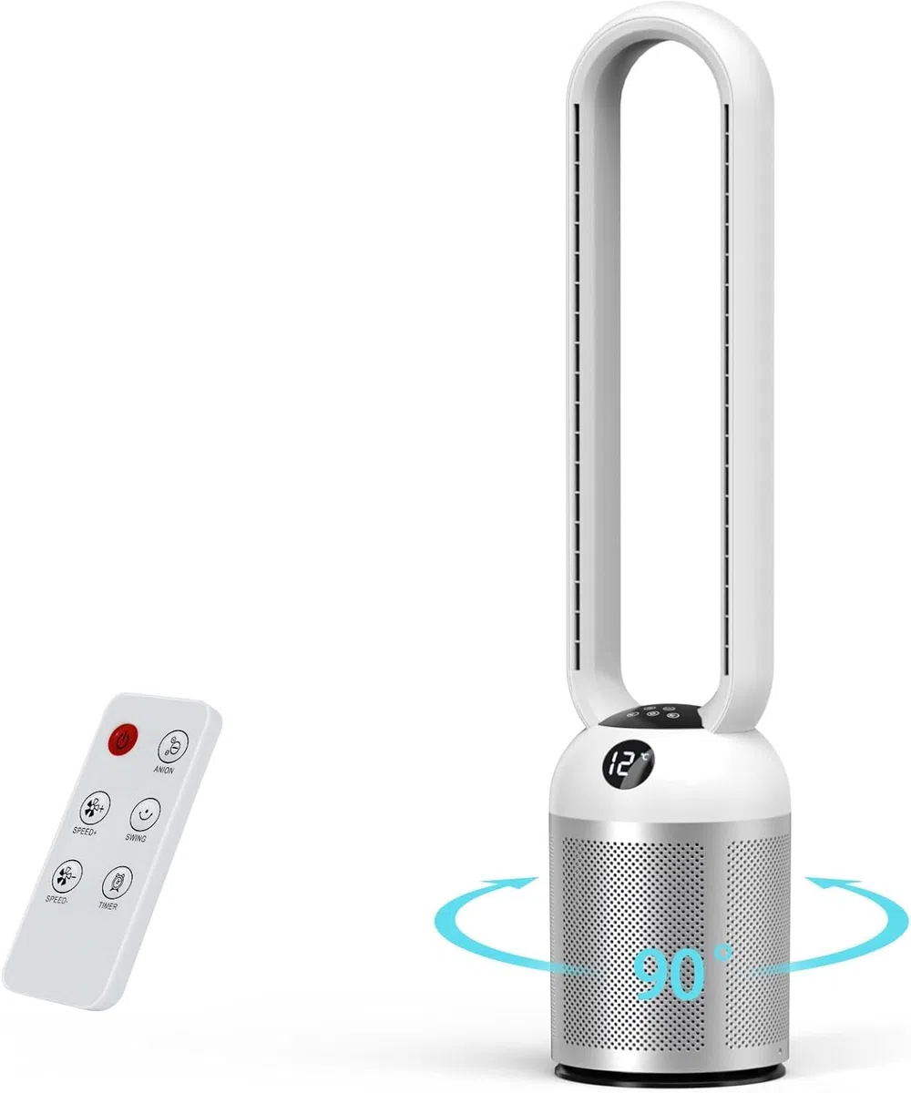 YAZEKY Ventilateur Colonne Sans Pale 101 cm, 24 Vitesses Ventilateur Tour Silencieux, Ventilateur de Sol Oscillant à 90, Écran LCD, Minuterie De 12H, Ventilateur Sur Pied Pour Chambre& Bureau (Argent)