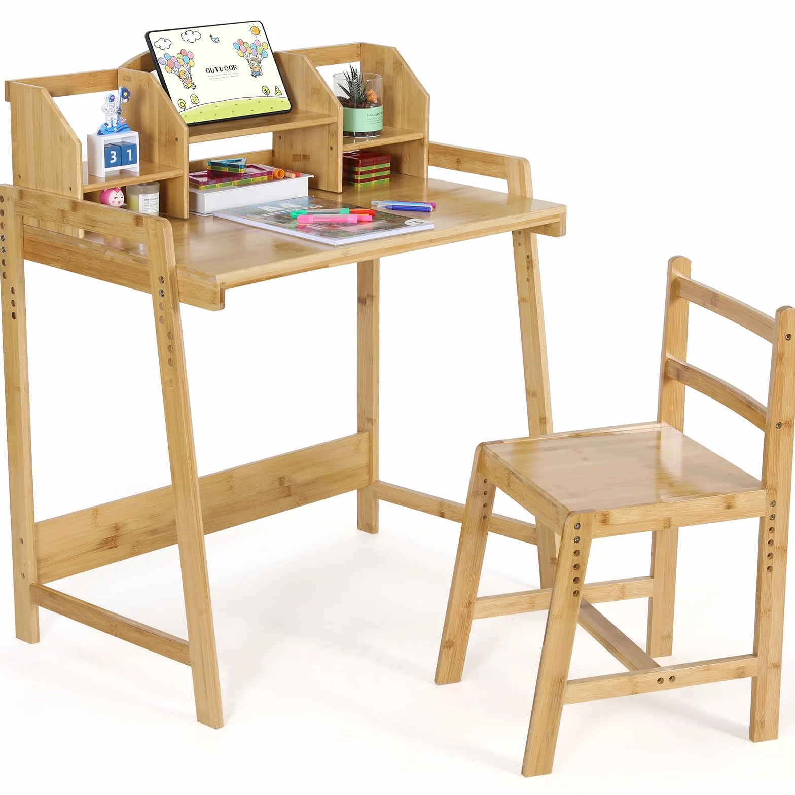MAMIZO Bureau Enfant en Bambou, Ensemble Chaise Réglable, Support de Livre, Table pour l'Étude et le Travail, Couleur du Bois