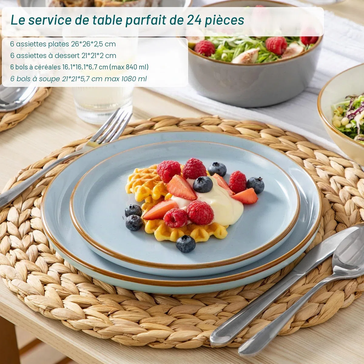 vancasso RENO Assittes Service de table en faïence pour 6 personnes, 24 pièces, Grès - Assiettes Plates, Dessert, Bols - Adapté au Micro, 3 Couleurs Bleu/Gris/Beige, 2 de chaque