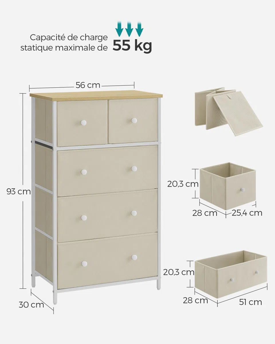 SONGMICS Commode à 5 tiroirs en Tissu pour Salon, Couloir, Chambre d'enfant, Jaune Chameau et Blanc crème LTS514W01