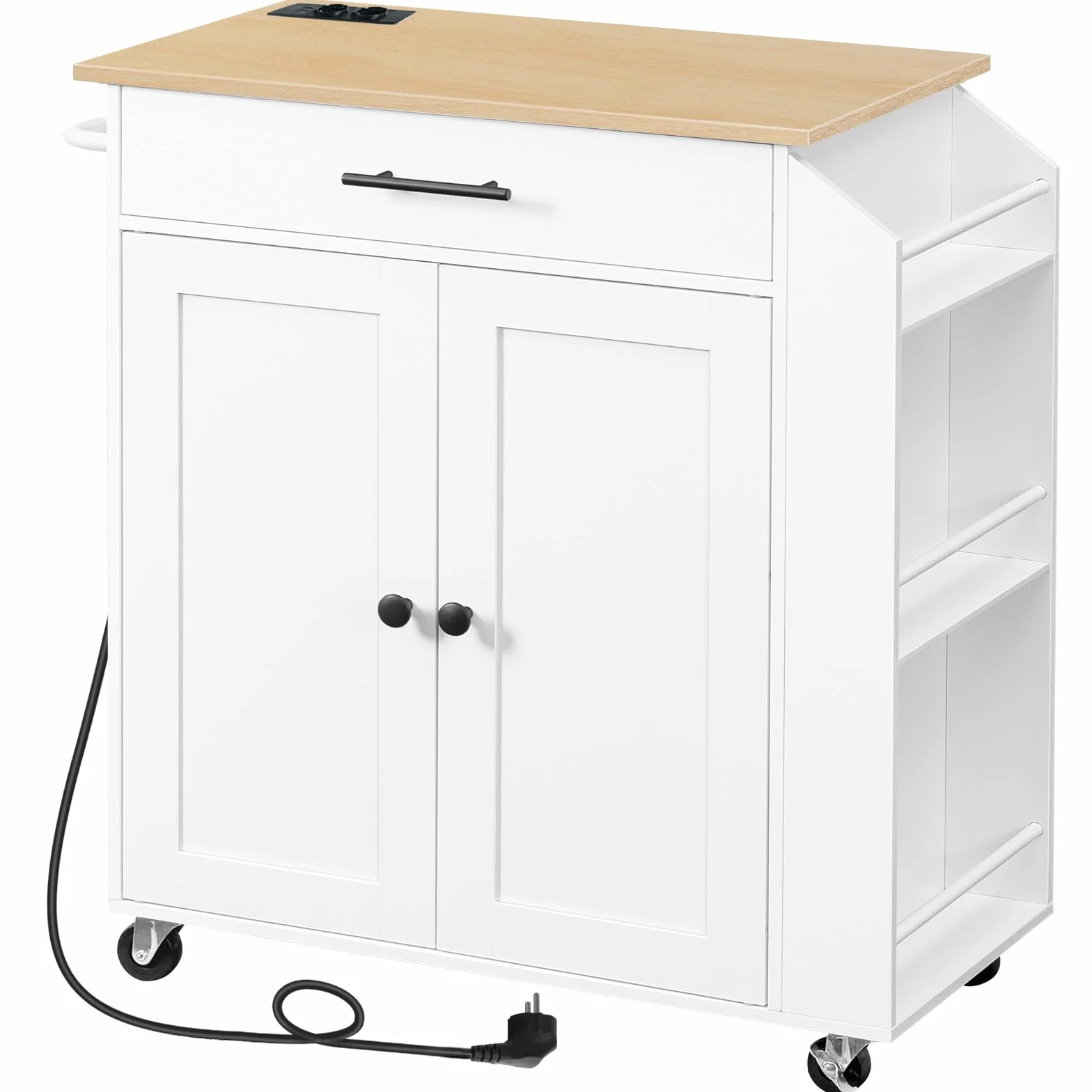 HOOBRO Desserte d’Îlot Cuisine avec multiprise, Buffet à roulettes avec tiroir, Chariot de Cuisine avec Porte-épices, 80,8 x 38 x 86 cm, Blanc et Couleur Bois EWN82CZD01