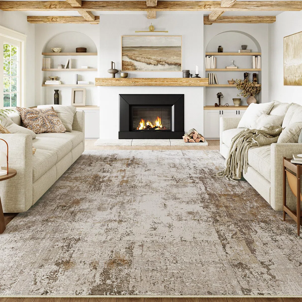 HUGEAR Marron Gris Tapis Salon 240x300cm Lavable en Machine Antidérapant Grand Tapis Chambre Adulte Moderne Naturel Abstrait Carpet Salle a Manger Bureau Descente de Lit Interieur Doux Poil Ras Rug
