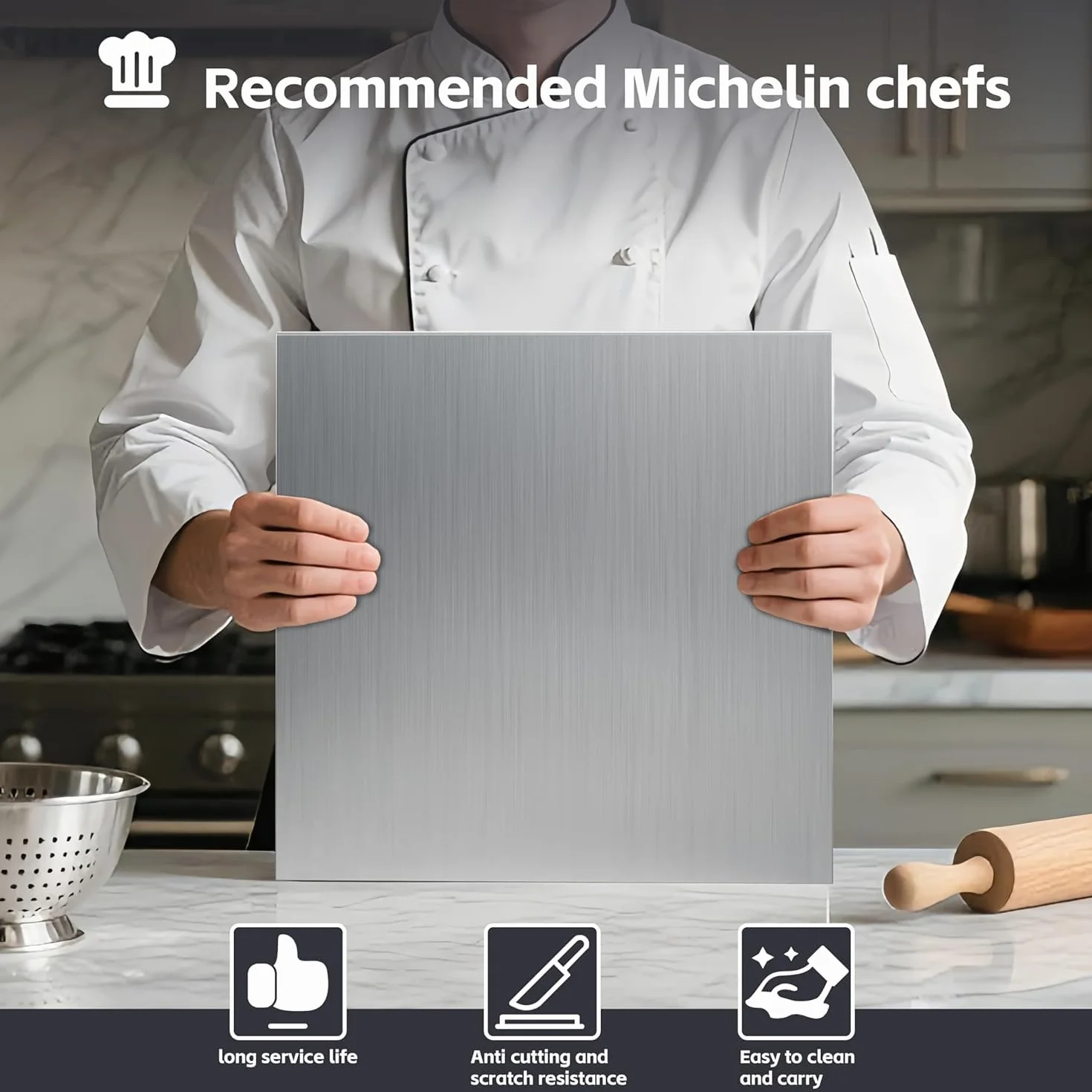 Plaque Inox Cuisine en acier Inoxydable, Planche a Decouper Inox, Protege Plan de Travail Cuisine avec bord d'arrêt, Planche à Pétrir Inox pour Pain et Pizza(Hauteur 2cm) (58x90cm)