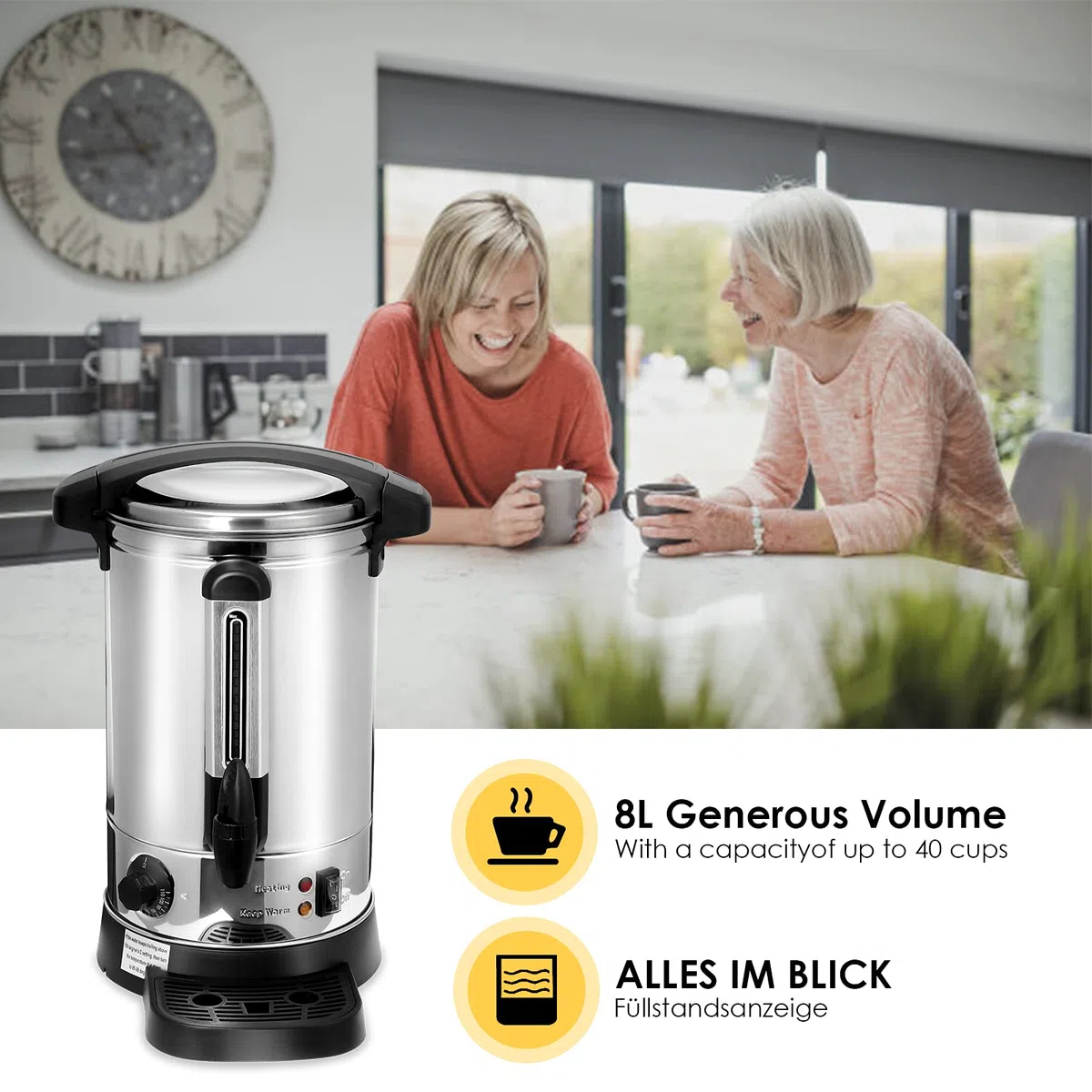 Bouilloire à vin chaud, 8,8 l, distributeur d'eau chaude en acier inoxydable, avec bac récupérateur, robinet, thermostat indicateur de niveau, distributeur automatique de boissons chaudes