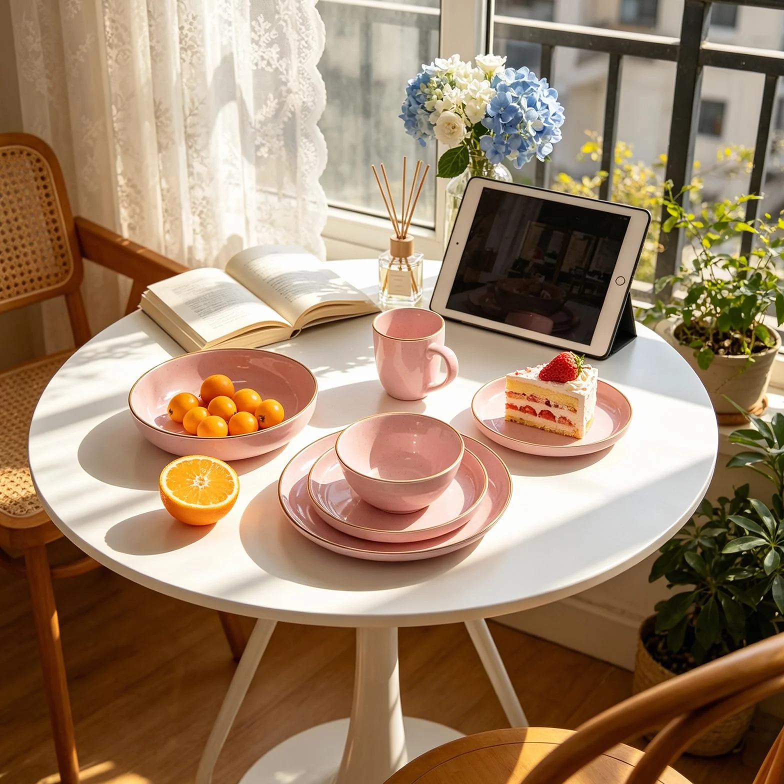 Service de table 20 pièces en grès avec bord relevable de forme nordique rose brillant avec effet moucheté