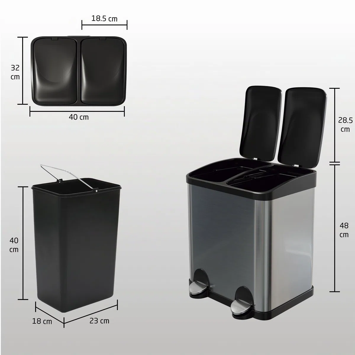 Amig - Poubelle de Recyclage Double avec Pédales Mod. RECIK2 - Poubelle Anti-traces pour Cuisine - Acier Inoxydable - 2 Compartiments x 15 L - 48 x 32 x 40 cm - Argenté