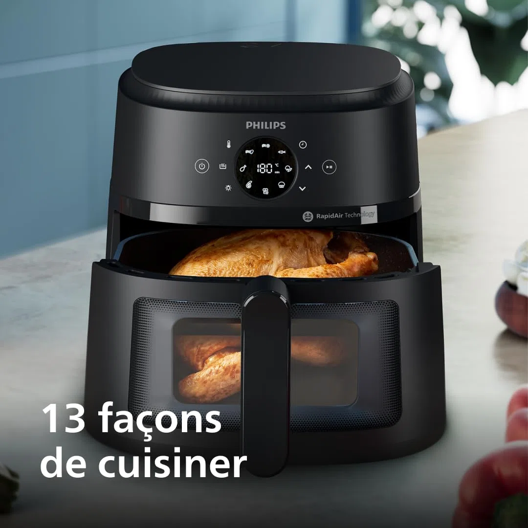 Philips Airfryer Série 2000 - Air Fryer 6.2L, 13 modes de cuisson, technologie RapidAir, jusqu'à 90% de matières grasses en moins, fenêtre de cuisson, écran tactile, Noir (NA230/00)