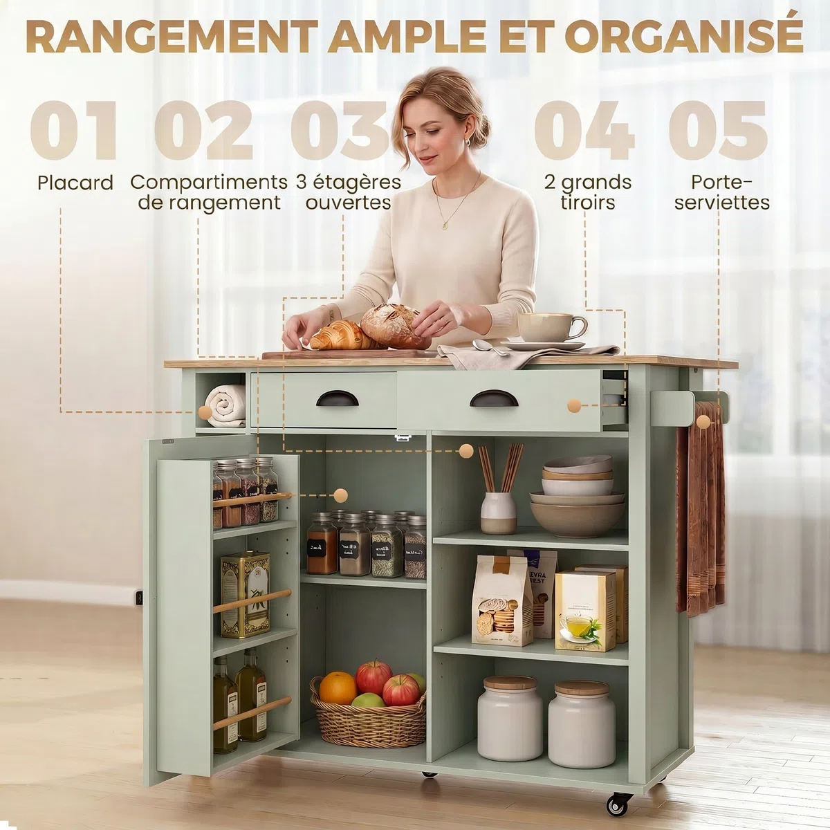 HOMCOM Îlot Central Cuisine avec Plateau Pliant, Desserte de Cuisine sur roulettes avec Placard, 2 Tiroirs, Porte-Serviettes, Étagère Réglable, Compartimentss Ouverts, 117,5 x 70 x 91 cm, Vert Clair
