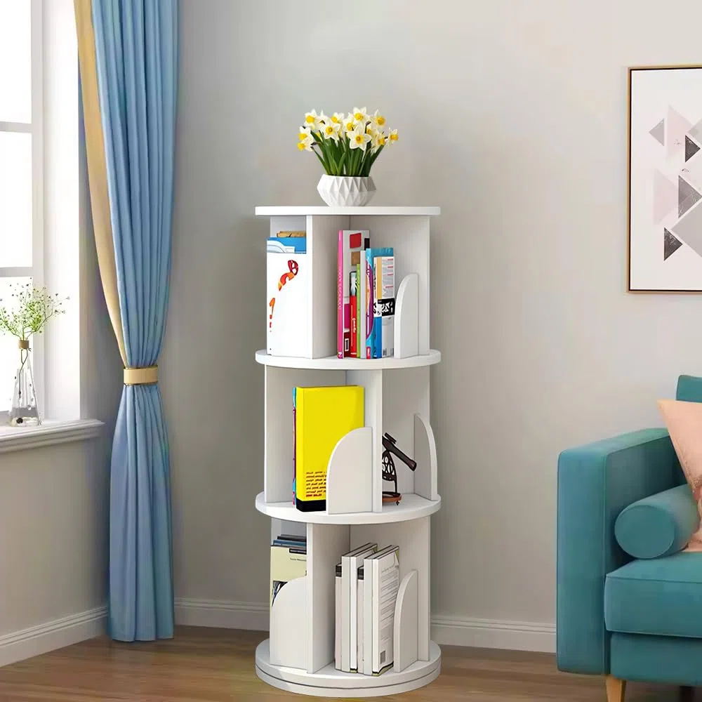LANTUS Bibliothèque Rotative,Étagère à Livres rotative à 3 Niveaux - Étagère de Rangement Haute - pour la Maison, Le Salon, l'étude, Le Bureau, 40 x 40 x 97 cm (3 Couches) (Blanc)