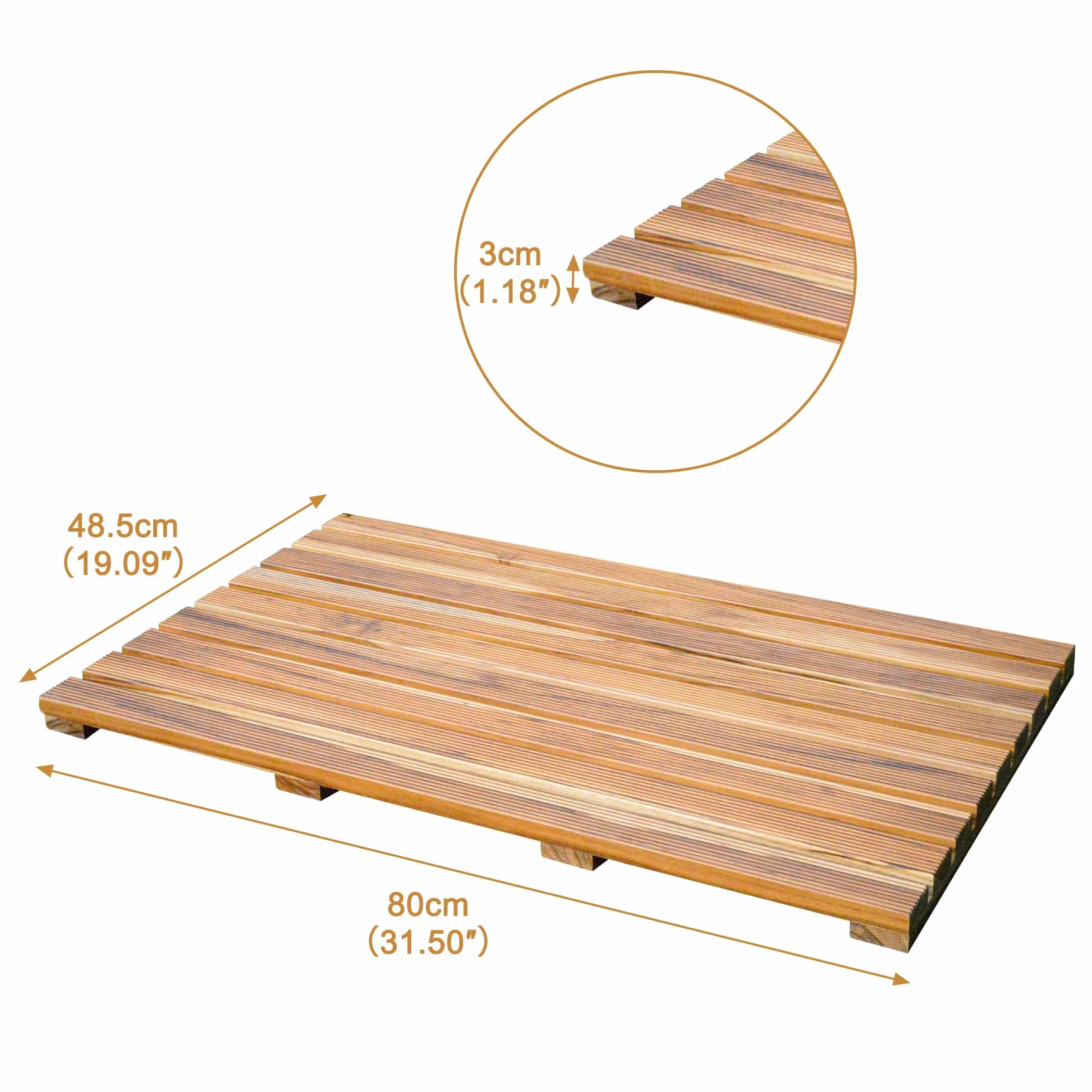 Caillebotis de Douche en Bois de Teck, 80 * 50cm, Grand Tapis de Bain avec des Patins Antidérapants, Tapis de Douche, Paillassons pour Sauna et Salle de Bain
