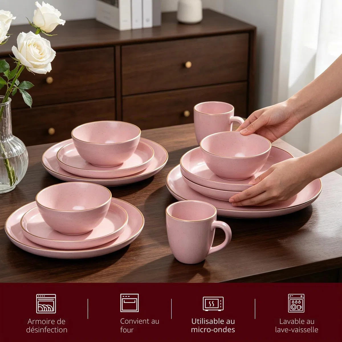 Service de table 20 pièces en grès avec bord relevable de forme nordique rose brillant avec effet moucheté