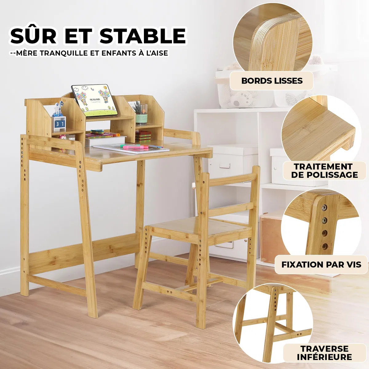 MAMIZO Bureau Enfant en Bambou, Ensemble Chaise Réglable, Support de Livre, Table pour l'Étude et le Travail, Couleur du Bois
