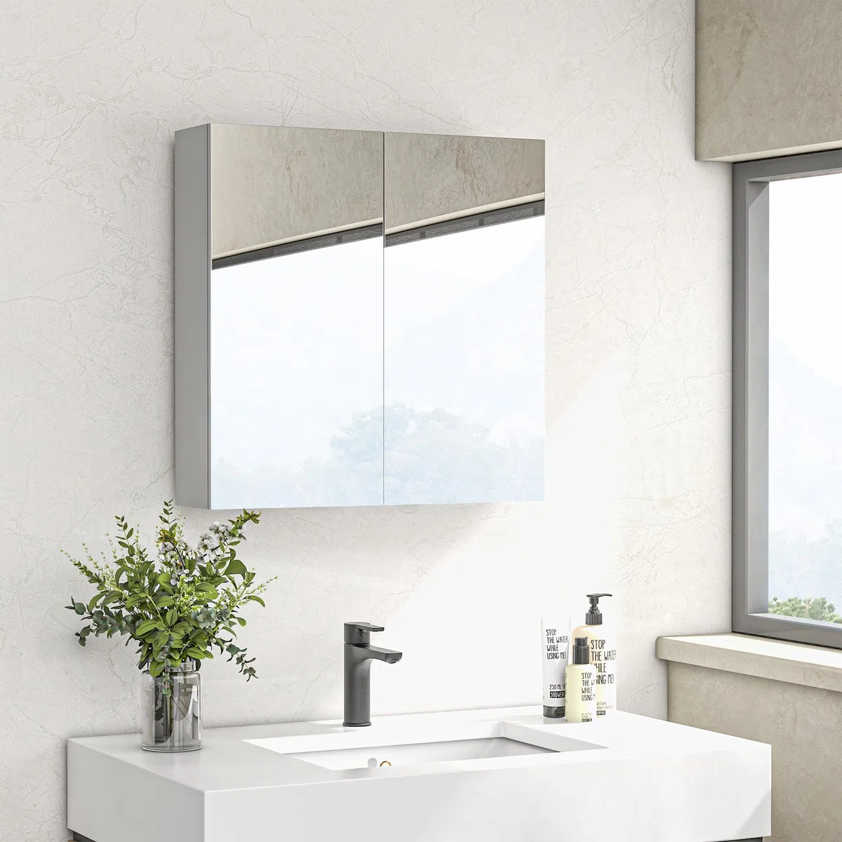 kleankin Armoire Murale de Salle de Bain, Placard de Rangement, 3 Niveaux, étagère réglable, 2 Portes et miroirs, Armoire Suspendue, 60 x 15 x 60 cm, Blanc
