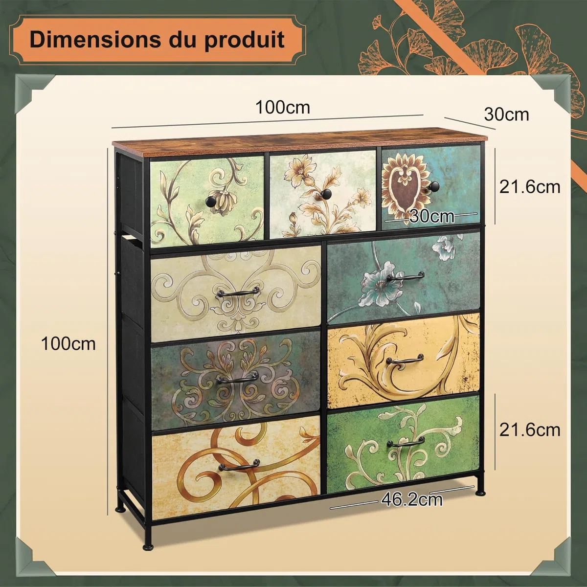 Commode à 9 Tiroirs en Tissu,Commode Chambre Adulte Armoire Tiroirs avec Plateau Bois et Cadre Métal,Meuble de Rangement pour Chambre d’Enfant, Salon et Couloir