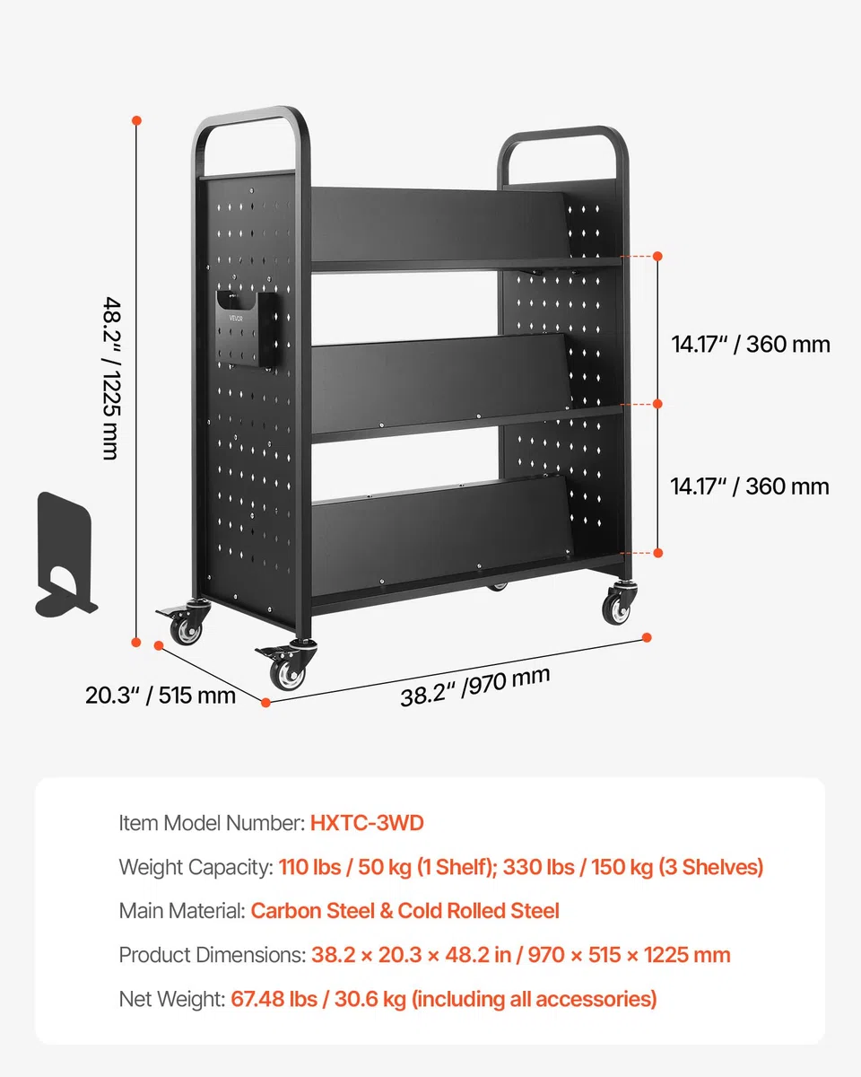 VEVOR Chariot à Livres, Capacité de Charge 150 kg, Chariot de Bibliothèque, 97x51,5x122,5 cm, Étagère de Rangement Livres Double Face en W avec roulettes Double Frein, pour Salon, Bureau, École, Noir