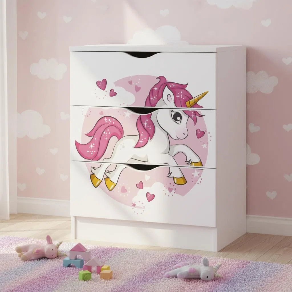 Leomark Commode en Bois avec 3 tiroirs - Roma - Meuble pour Chambre d'enfant, Meuble de Rangement, Hauteur: 78 cm, Impression UV