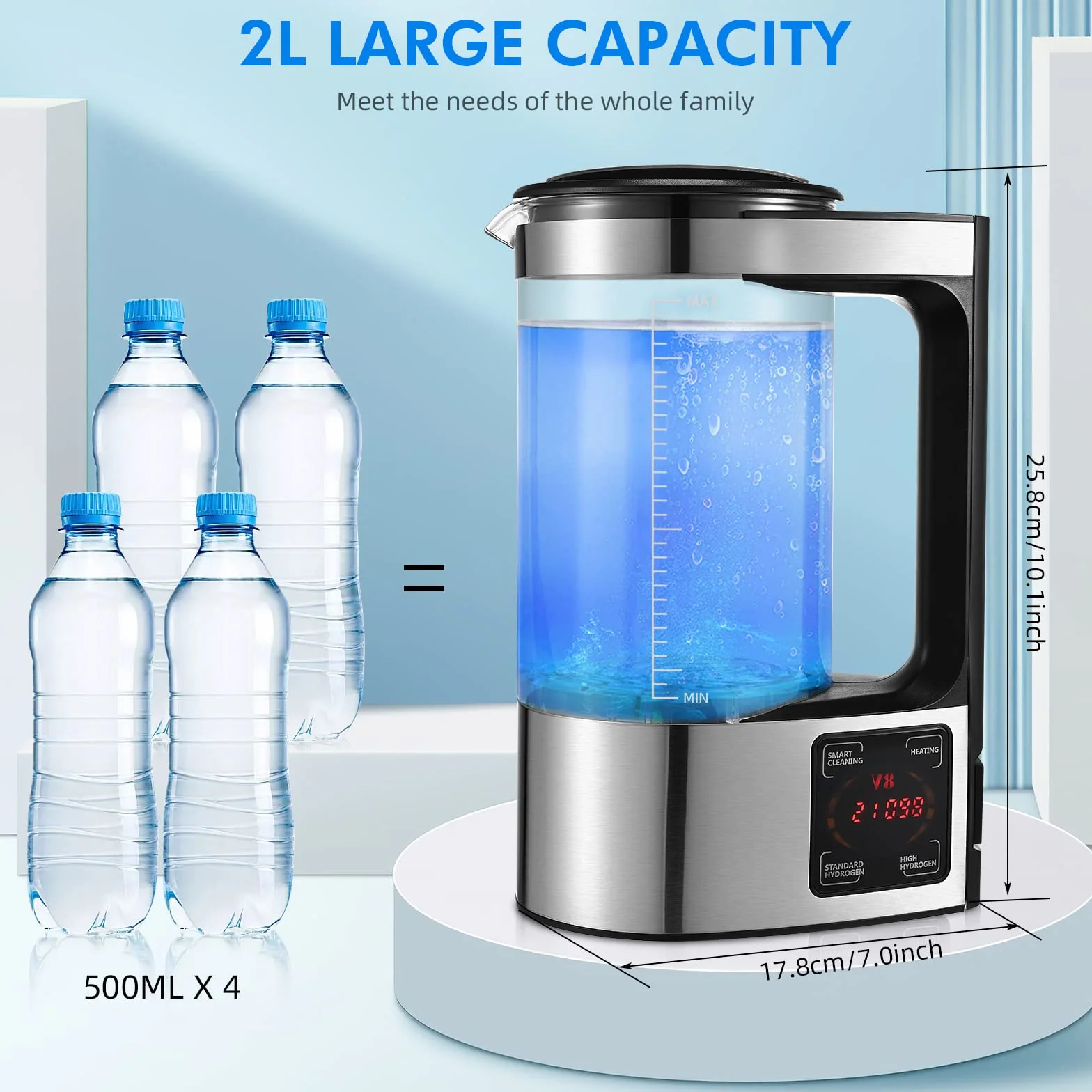 Générateur d'eau à hydrogène 2L avec technologie SPE et PEM, version améliorée Générateur d'hydrogène riche en hydrogène avec écran tactile LED et thermostat Hydrogen Water Lonizer pour la maison