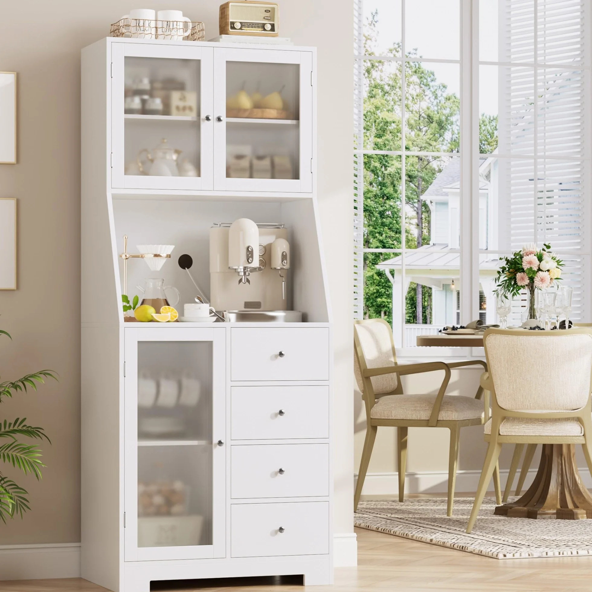 HOCSOK 163cm Armoire de Cuisine, Buffet Cuisine avec 3 Portes et 4 Tiroirs, Armoire Haute pour Salon, Salle à Manger, Bar, Style Moderne, Blanc
