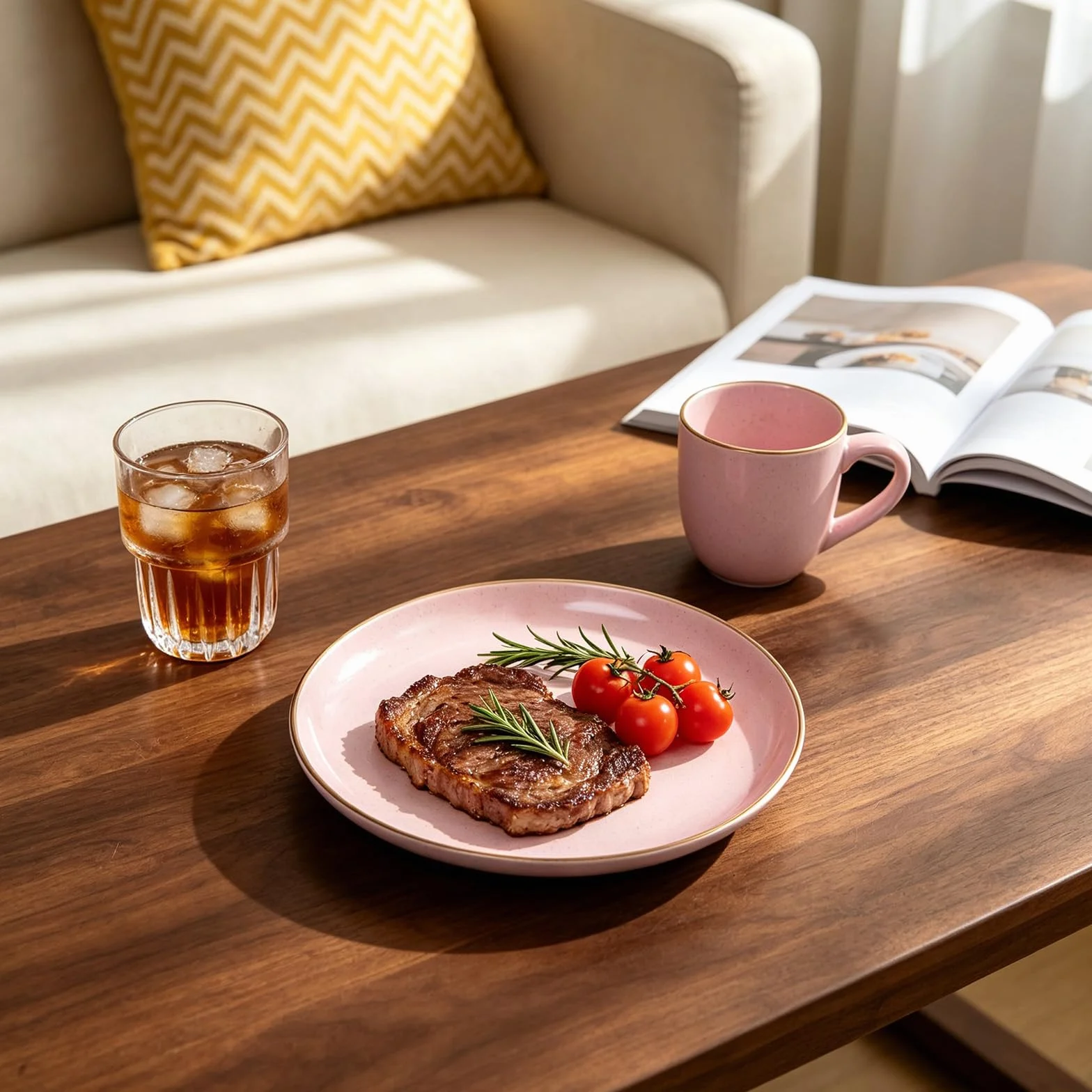 Service de table 20 pièces en grès avec bord relevable de forme nordique rose brillant avec effet moucheté