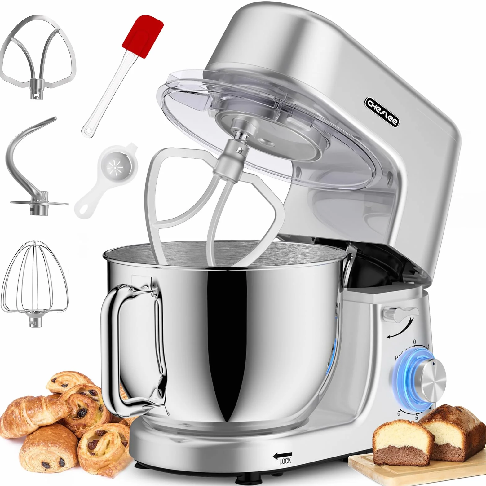 Homlee Robot Patissier,2000 W Robot Pâtissier 7.2L Robot Pétrin Professionnel,Bol Acier Inoxydable,Fouet,Batteur,Crochet,Pare-éclaboussures 6+P Vitesses