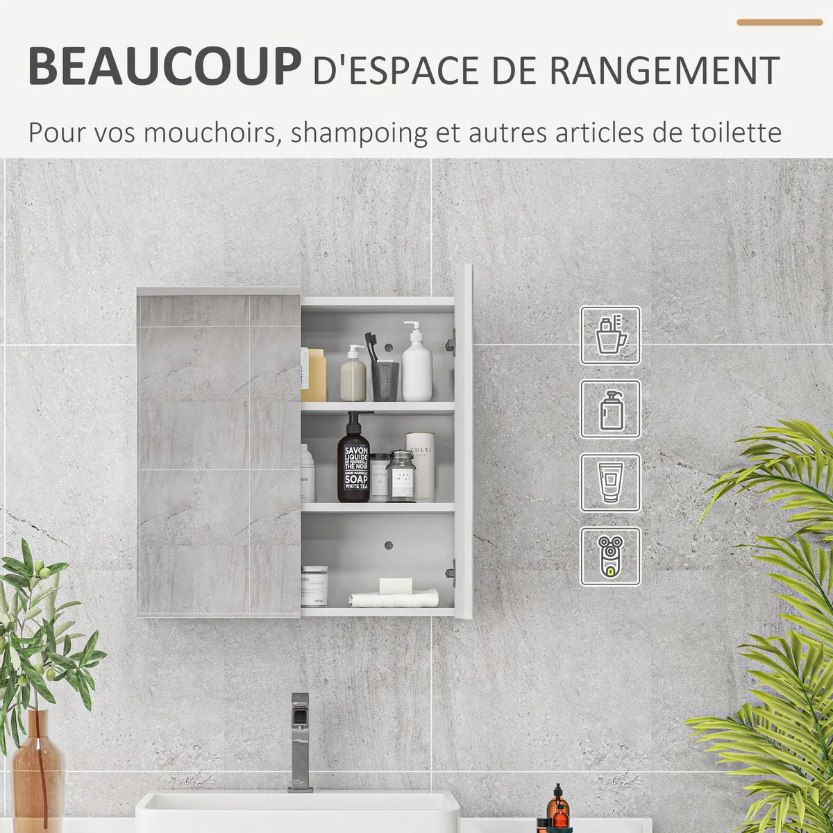 kleankin Armoire Murale de Salle de Bain, Placard de Rangement, 3 Niveaux, étagère réglable, 2 Portes et miroirs, Armoire Suspendue, 60 x 15 x 60 cm, Blanc