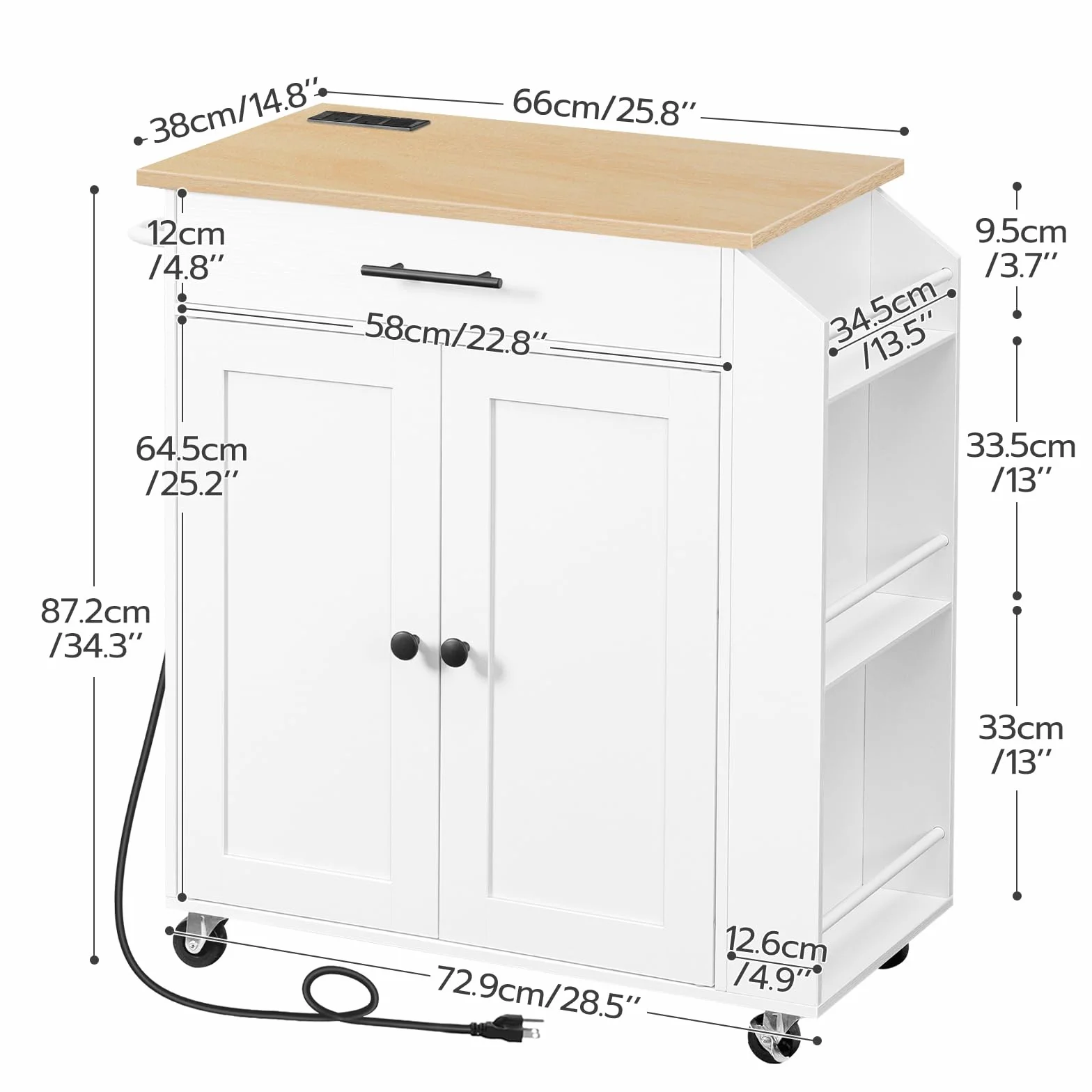 HOOBRO Desserte d’Îlot Cuisine avec multiprise, Buffet à roulettes avec tiroir, Chariot de Cuisine avec Porte-épices, 80,8 x 38 x 86 cm, Blanc et Couleur Bois EWN82CZD01