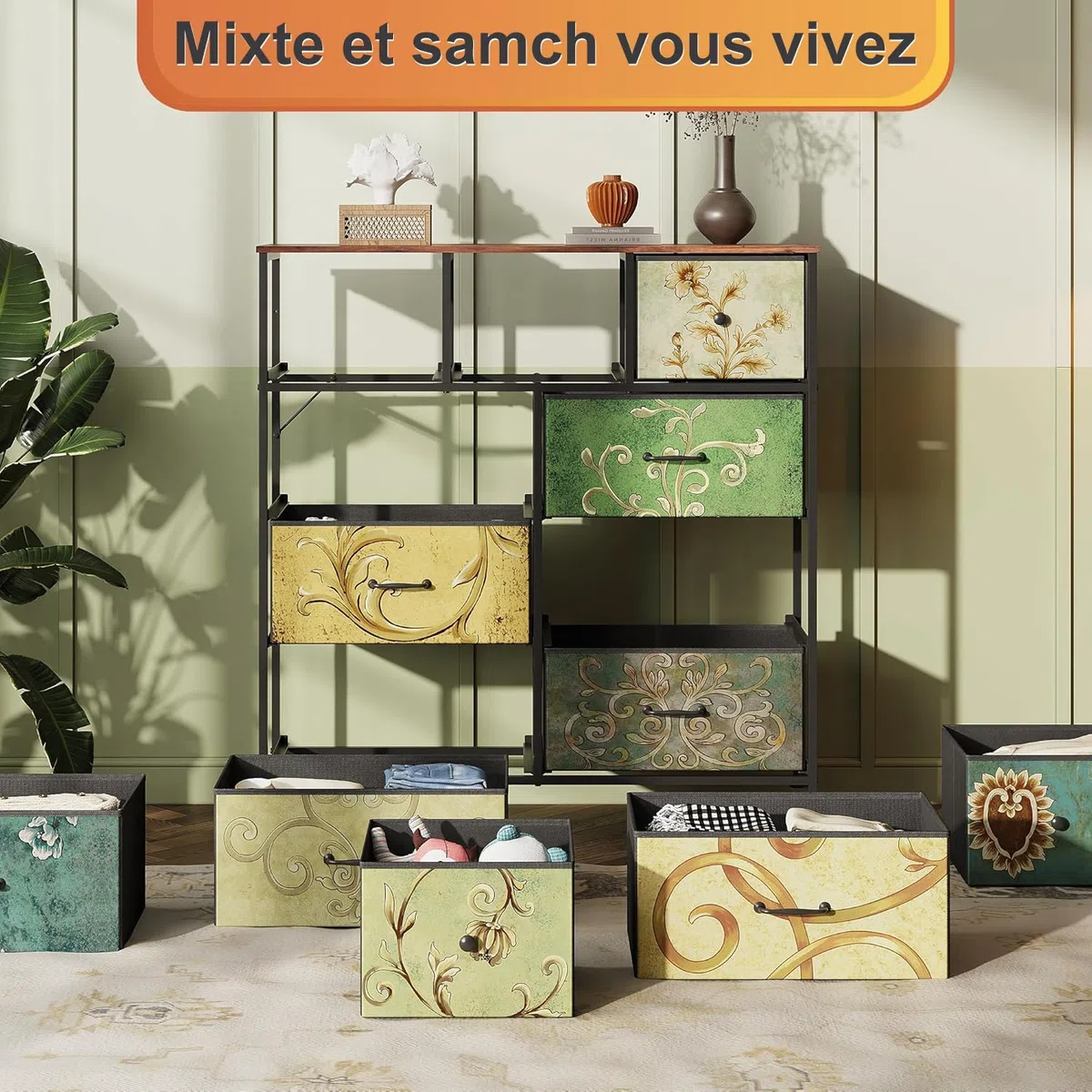 Commode à 9 Tiroirs en Tissu,Commode Chambre Adulte Armoire Tiroirs avec Plateau Bois et Cadre Métal,Meuble de Rangement pour Chambre d’Enfant, Salon et Couloir