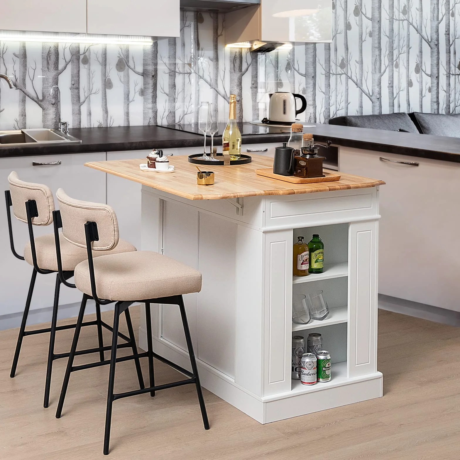 KOMFOTTEU Îlot Central Mobile avec Plan de Travail en Bois Massif, Desserte de Cuisine avec 2 Tiroirs & Étagères latérales à 3 Niveaux, Desserte de Service, 120 x 61 x 92 cm (Blanc)