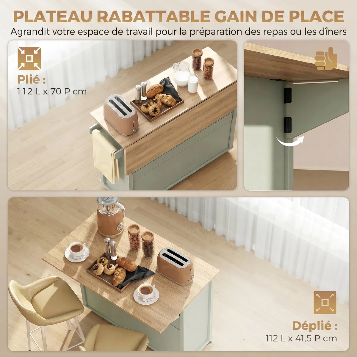 HOMCOM Îlot Central Cuisine avec Plateau Pliant, Desserte de Cuisine sur roulettes avec Placard, 2 Tiroirs, Porte-Serviettes, Étagère Réglable, Compartimentss Ouverts, 117,5 x 70 x 91 cm, Vert Clair