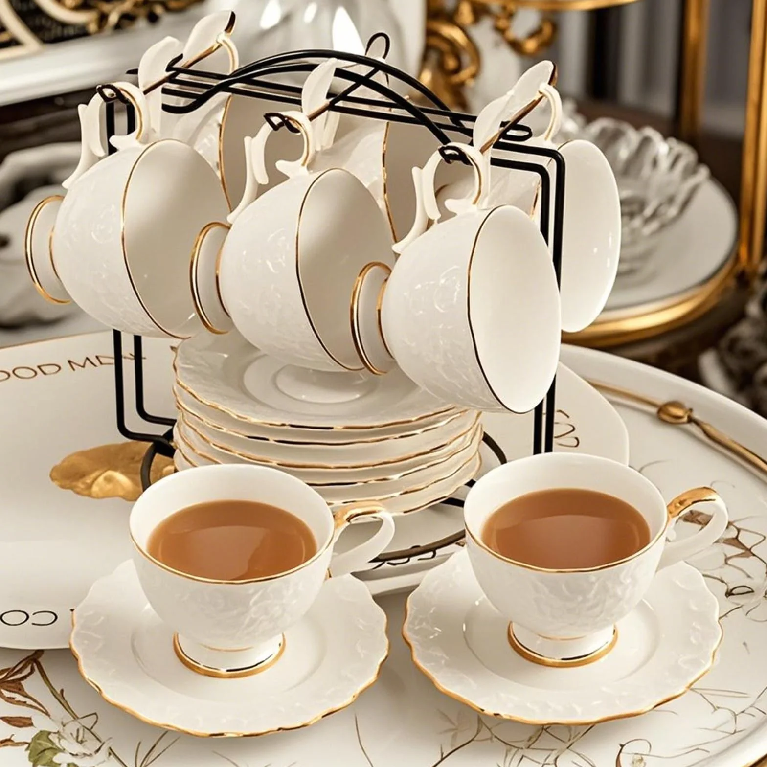 Service À Thé Vintage En Porcelaine 18 Pièces Avec Soucoupes Et Cuillères - Service À Thé Européen En Porcelaine Fine 200 Ml - Service À Café/Thé - Cadeaux Pour Femmes