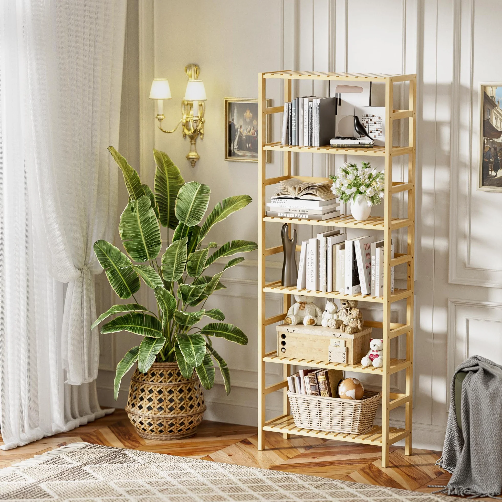 HITNET Bibliotheque 6 Niveaux, Etagere Salle de Bain Rangement Bambou avec Étagères Réglables, Support de Plantes Gain de Place, pour Salon, Bureau, Cuisine, Naturel