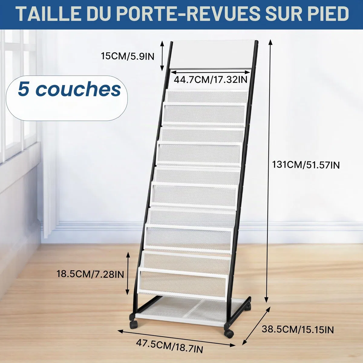 SUNDOY porte revues sur roulettes – revues sur pied et porte-catalogue – roulettes pour bureau, foires et maison (5 couches, 47,5 cm de large)