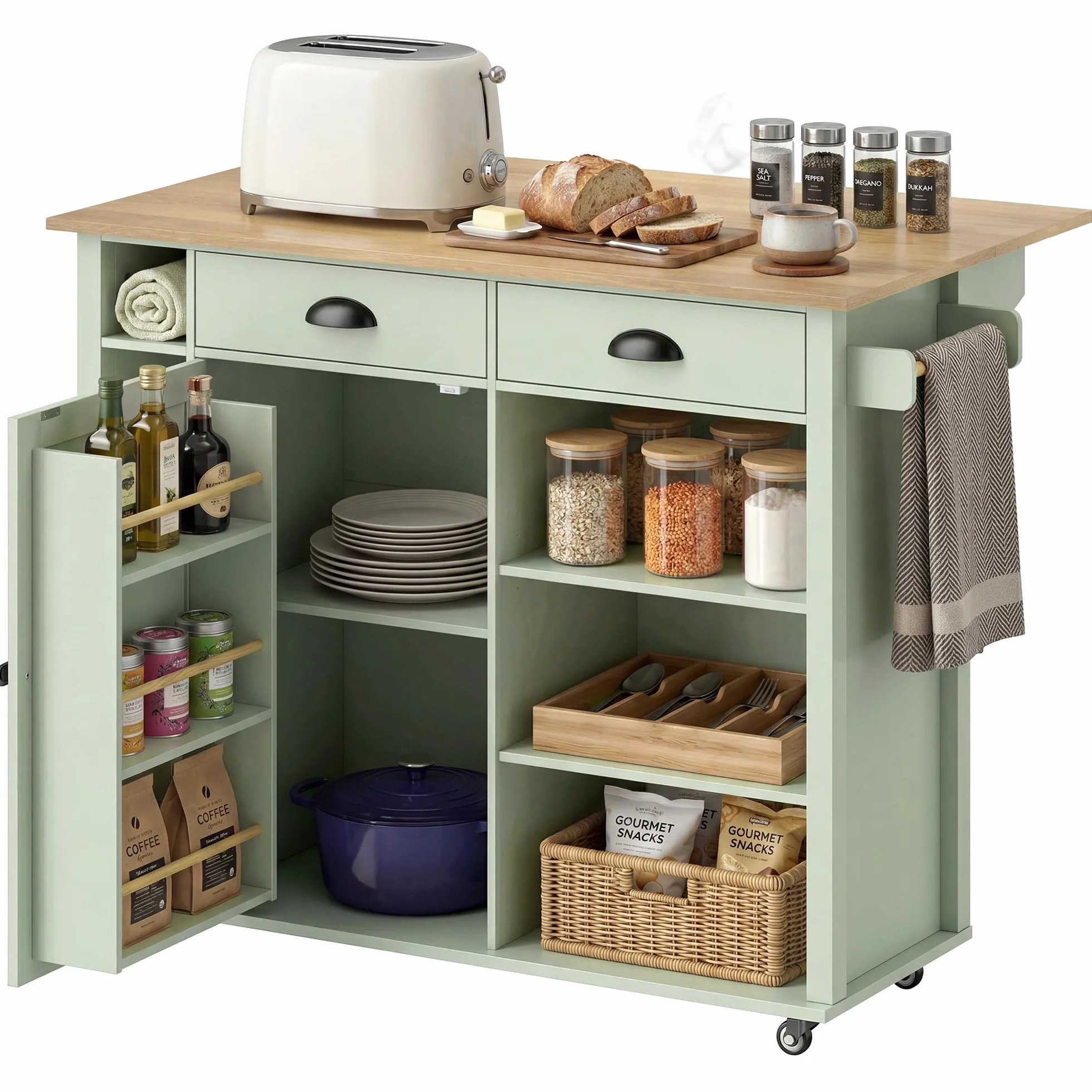 HOMCOM Îlot Central Cuisine avec Plateau Pliant, Desserte de Cuisine sur roulettes avec Placard, 2 Tiroirs, Porte-Serviettes, Étagère Réglable, Compartimentss Ouverts, 117,5 x 70 x 91 cm, Vert Clair