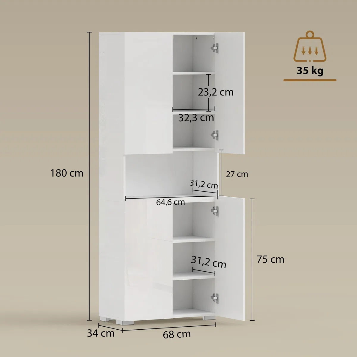 HOMCOM Armoire de cuisine haute avec compartiment ouvert, 4 portes, étagères réglables, buffet avec fonction de fermeture amortie, armoire polyvalente pour salle à manger, blanc brillant, 68 x 34 x