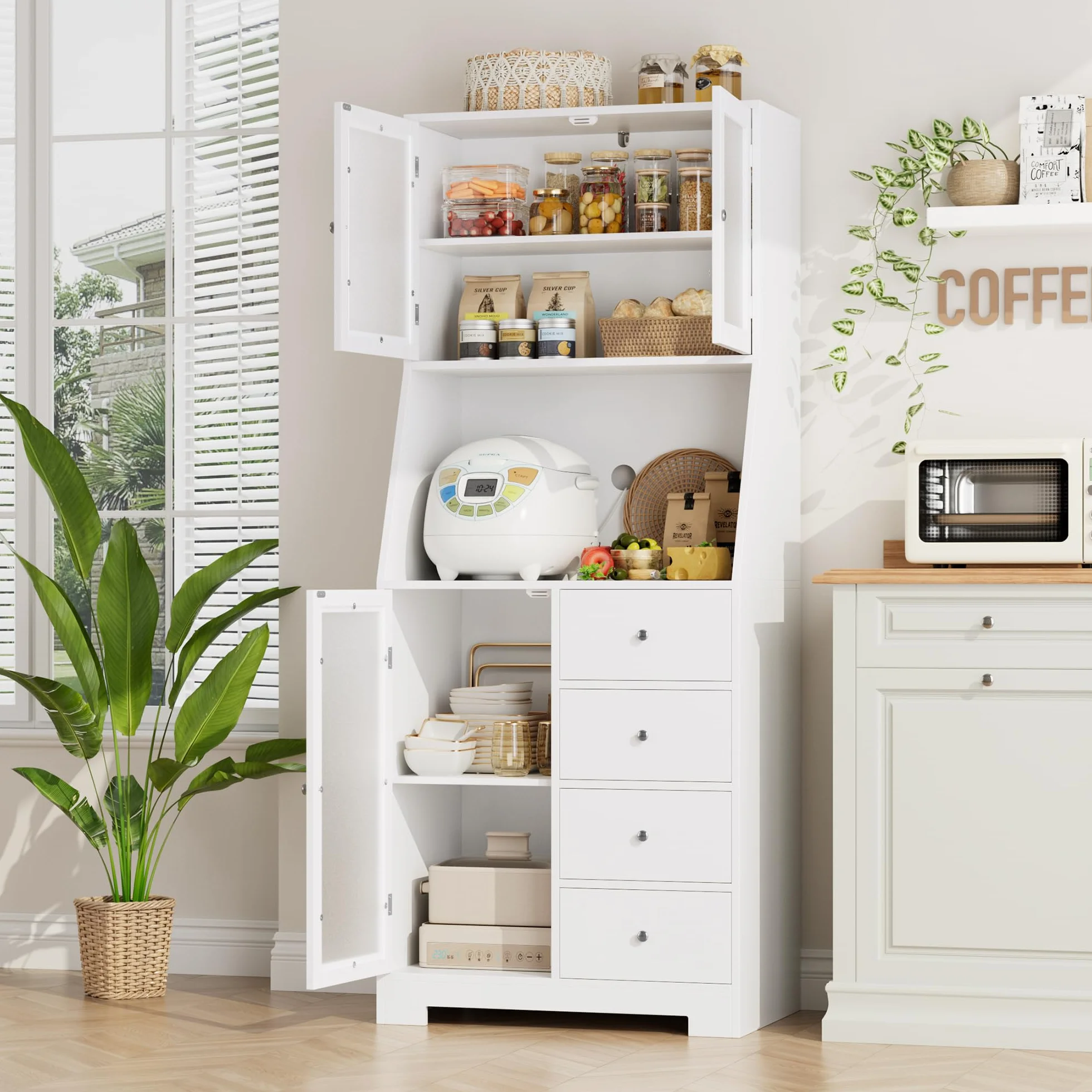 HOCSOK 163cm Armoire de Cuisine, Buffet Cuisine avec 3 Portes et 4 Tiroirs, Armoire Haute pour Salon, Salle à Manger, Bar, Style Moderne, Blanc