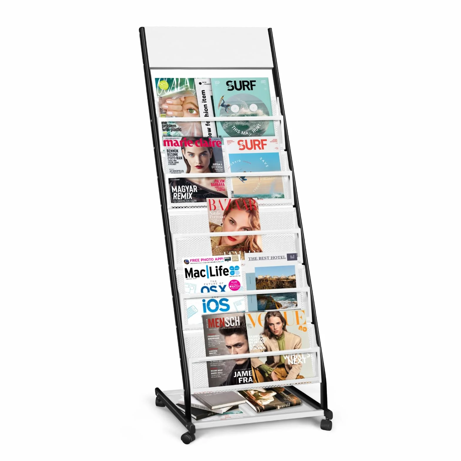 SUNDOY porte revues sur roulettes – revues sur pied et porte-catalogue – roulettes pour bureau, foires et maison (5 couches, 47,5 cm de large)