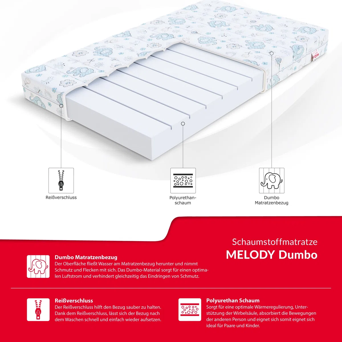 FDM Melody Matelas 90 x 180 cm Mousse à Mémoire de Forme Épaisseur 10 cm Fermeté H3 Matelas à Deux Faces Oeko-TEX Hypoallergénique Housse Lavable Dumbo
