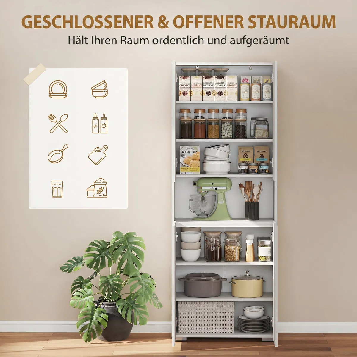 HOMCOM Armoire de cuisine haute avec compartiment ouvert, 4 portes, étagères réglables, buffet avec fonction de fermeture amortie, armoire polyvalente pour salle à manger, blanc brillant, 68 x 34 x