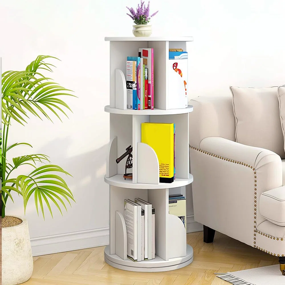 LANTUS Bibliothèque Rotative,Étagère à Livres rotative à 3 Niveaux - Étagère de Rangement Haute - pour la Maison, Le Salon, l'étude, Le Bureau, 40 x 40 x 97 cm (3 Couches) (Blanc)