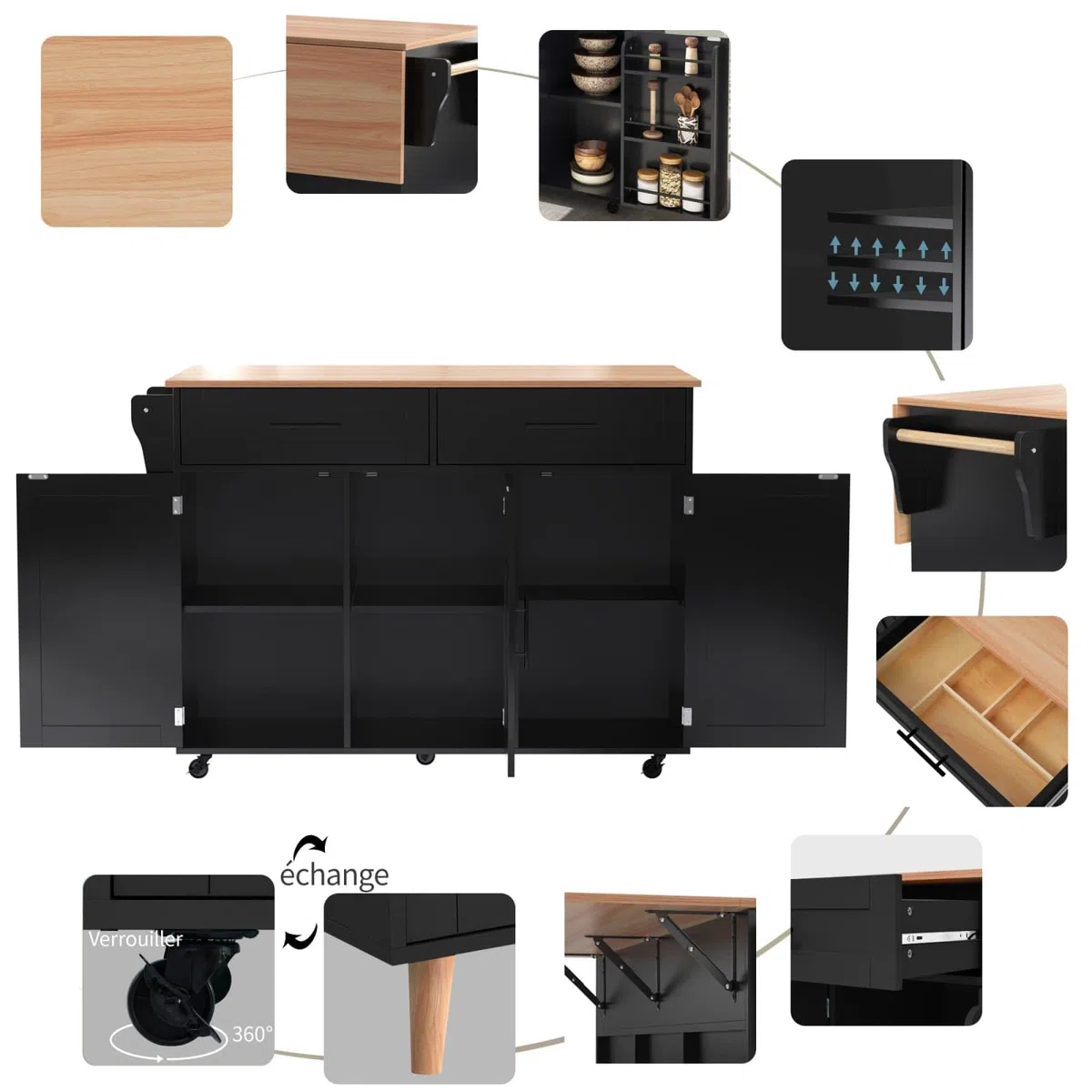 PUGSDRLY Desserte de Cuisine à roulettes,Buffet Meuble,îlot de Cuisine avec Plateau de Table Pliable,2 Tiroirs et 3 Portes,Roulette ou Pieds en Bois Massif (Noir-C)