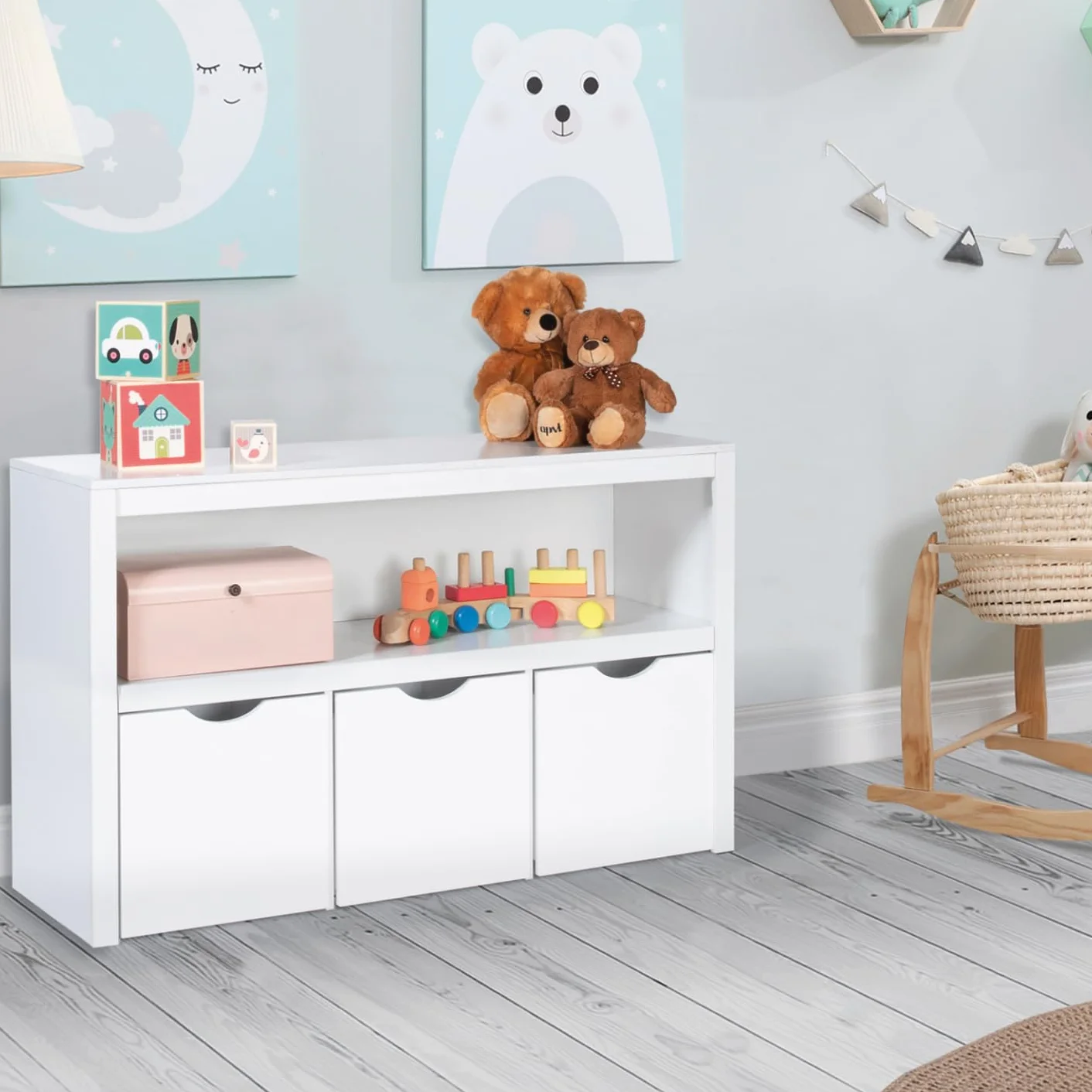 IDMarket - Meuble de Rangement Enfant Mana en Bois Blanc 3 tiroirs Cubes sur roulettes