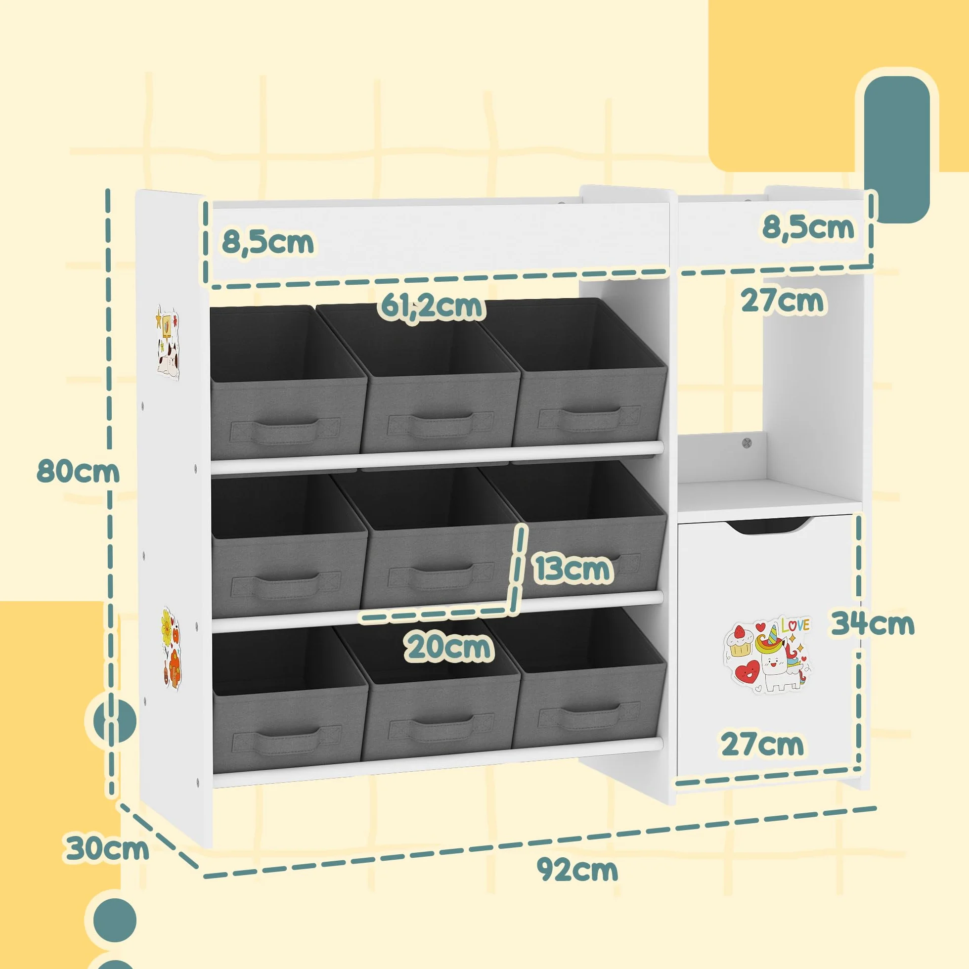 AIYAPLAY Meuble Rangement Enfant étagère de Rangement pour Jouets Enfants avec 9 tiroirs en Tissu et Placard pour Chambre d'enfant, Salle de Jeux, garderie, Blanc