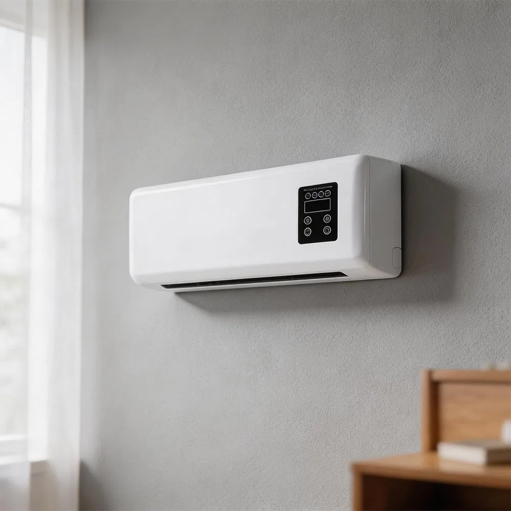 Ventilateur mural 2 en 1 de chauffage et de refroidissement, silencieux, petit climatiseur pour chambre à coucher, salle de bain, compact avec mode brise naturelle, blanc, 42 x 18 x 12 cm