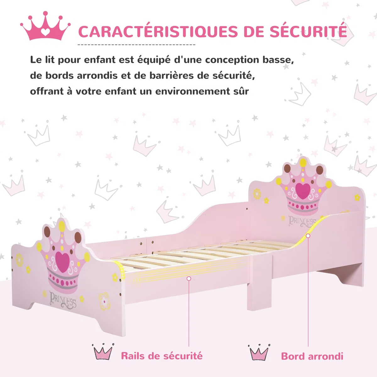 HOMCOM Lit Enfant 140 x 70 cm - lit d'enfant Design Princesse Motif Couronne - sommier à Lattes Inclus - MDF Contre-plaqué Rose
