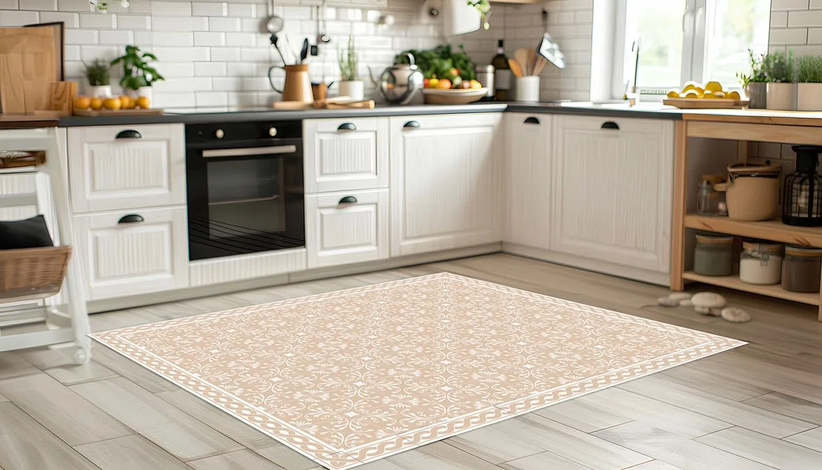 DobleUve Estudio Tapis Vinyle 37 | Beige | 65x200 cm | Tapis Cuisine et Salon Antidérapant Antifongique Ignifuge | Pour Enfants et Bain PVC