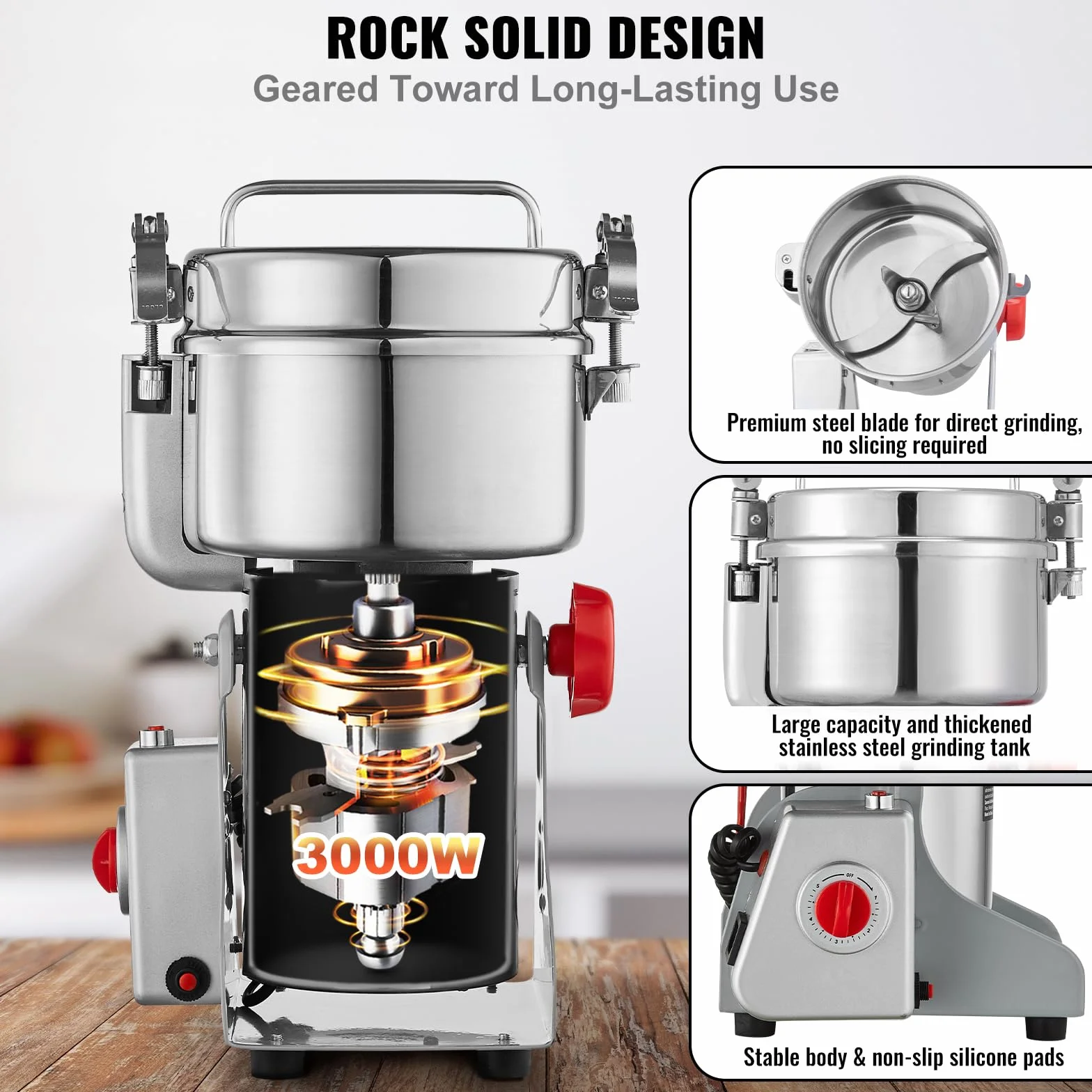 VEVOR Moulin à épices Électrique 1000 g, Broyeur à Grains Commercial 3000 W Haute Vitesse, Moulin à Farine en Acier Inoxydable, Type Oscillant, pour Moudre Rapidement Céréales Épices Herbes Cafés